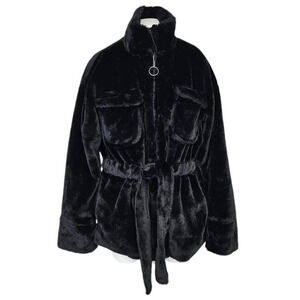 Forever 21 Fluffy Faux Fur Tie Waist Wide Sleeve Zip Up Jacket Black Size Small